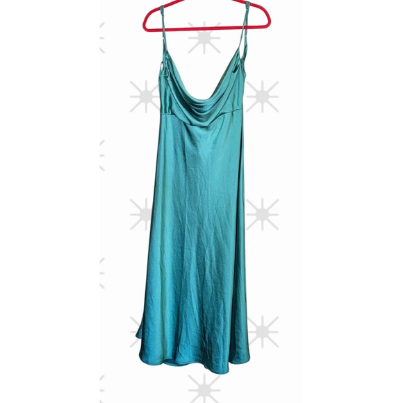 Vintage Satin Teal Slip Dress Women’s XL Adjustable Spaghetti Strap Cowl Neck - Picture 1 of 5